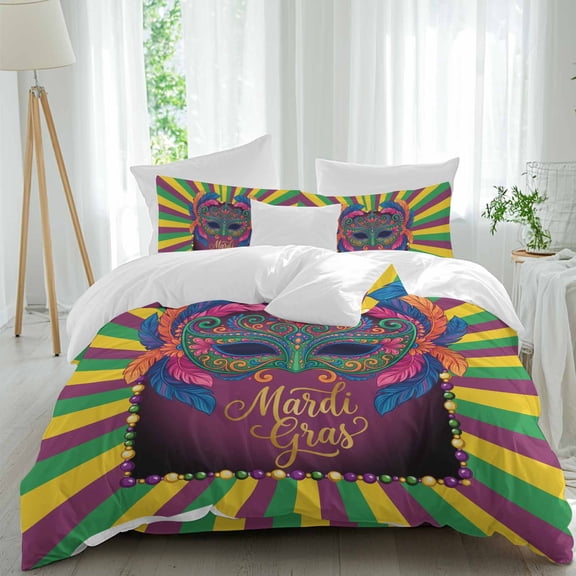 Mardi Gras Carnivals Mask Queen Size Bed Set,Blue Pink Feathers Striped Bedding for All Seasons,4 Pcs Bed Set,1 Quiltcover(90"x92"),1 Sheet(94"x116"),2 Pillowcases(30"x20")
