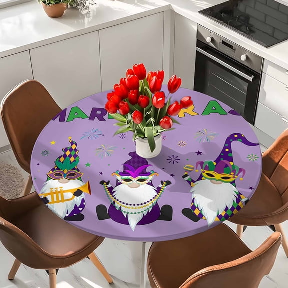 Mardi Gras Cartoon Cute Dwarfs Round Fitted Tablecloth with Elastic Edge,Waterproof Table Cloth Fits Tables Up to 36"-44",Wipeable Washable Table Cover for Indoor Outdoor Dinning Party,Purple