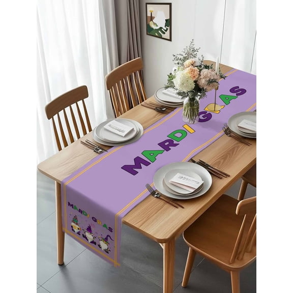 Mardi Gras Cartoon Cute Dwarfs Table Runner 13x70in Non-Slip Cotton Linen Table Runners, Purple Dresser Scarves TableRunner for Dinner Kitchen Dining Wedding Party