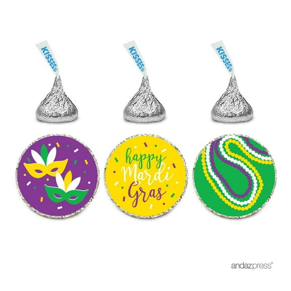 Mardi Gras Chocolate Drop Labels Trio 216-Pack, Fits Hershey's Kisses Party Favors, Envelope Seals Stickers