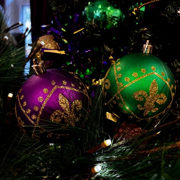 Mardi Gras Christmas Ornaments with Gold Fleur De Lis Design, Purple and Green Glitter Ball Decorations