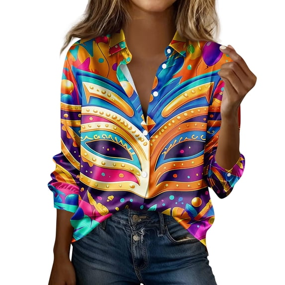 Mardi Gras Collared Blouse for Women Satin Regular Fit Button Down Long Sleeve Shirt Casual Top