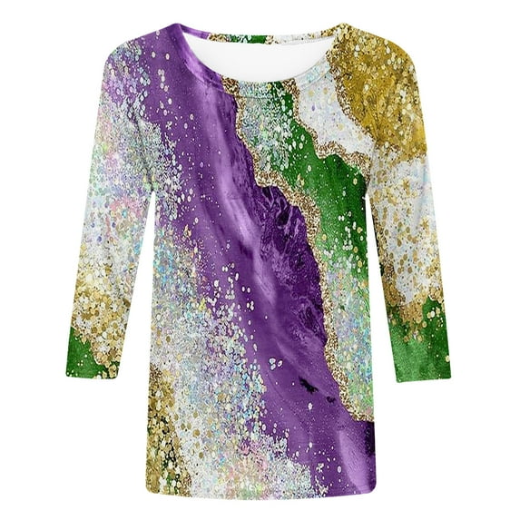 Mardi Gras Colors Shirts for Women Long Sleeve,Carnival Cruise T Shirts ,Glitter Mask Graphic Mardi Gras Clothing Women Plus Size, Womens Mask Printd 3/4 Sleeve Round Neck Shirts Carnival Tops