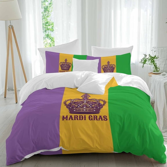 Mardi Gras Comforter Set Twin Size, Carnival Crown Purple Gold Green Soft Bedding Set for Man Woman, 4 Pieces Duvet Cover Set with Fitted Sheet, 2 Pillowcases