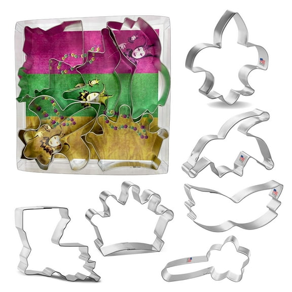 Mardi Gras Cookie Cutter 6 Pc Set  Jester Hat, Magic Wand, Crown, Mardi Gras Mask, Fleur D Lis, State of Louisiana Cookie Cutters Hand Made in the USA from Tin Plated Steel
