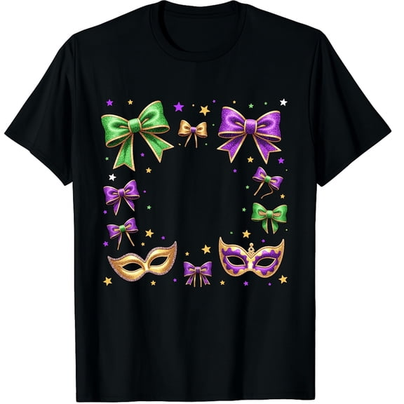 Mardi Gras Coquette Bow Fat Tuesday New Orleans Graphic Crew Neck Short Sleeve T-Shirts (Men's, Women's)