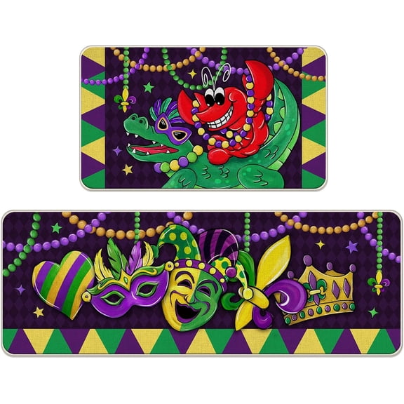 Mardi Gras Crawfish Alligator Kitchen Rugs Set of 2, Mask Fleur De Lis Love Crown New Orleans Carnival Kitchen Mats Decor, Beads Masquerade Floor Door Mat Home Decorations -17x29 and 17x47 Inch