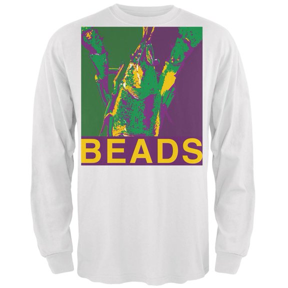 Mardi Gras Crawfish Beads White Adult Long Sleeve T-Shirt - 2X-Large