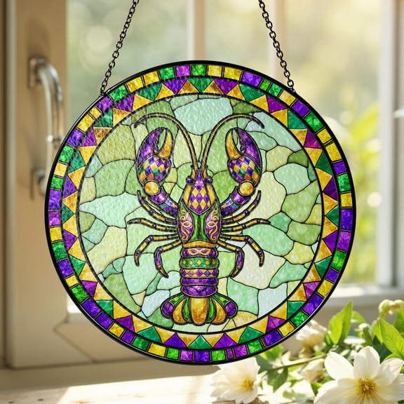 Mardi Gras Crawfish Glass Suncatcher, Fleur de Lis Window Hanging, Louisiana Decor, 3.5 in