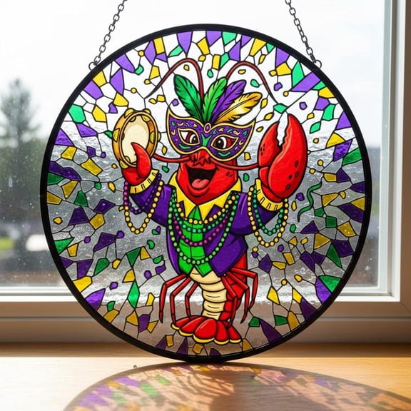 Mardi Gras Crawfish Glass Suncatcher, Louisiana Festival Window Hanging, Funny Lobster Decor, 6.3 in
