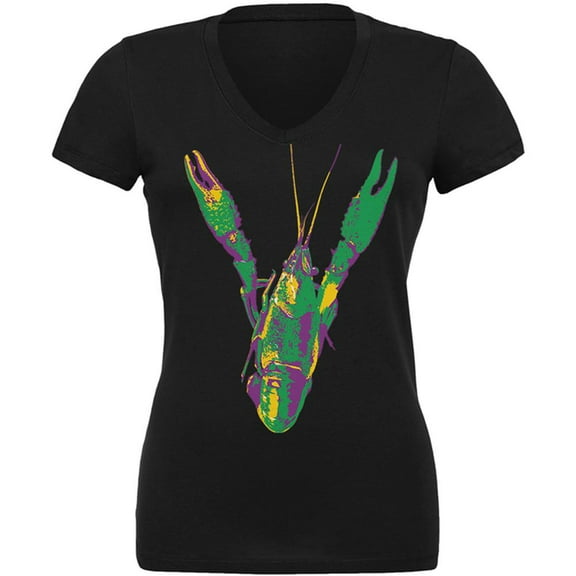 Mardi Gras Crawfish Juniors V-Neck T Shirt Black SM