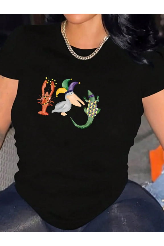 Mardi Gras Crawfish Pelican Alligator Women Graphic Short Sleeve Tee