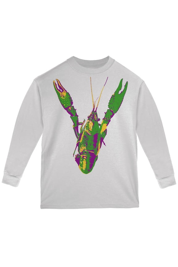 Mardi Gras Crawfish Youth Long Sleeve T Shirt White YLG
