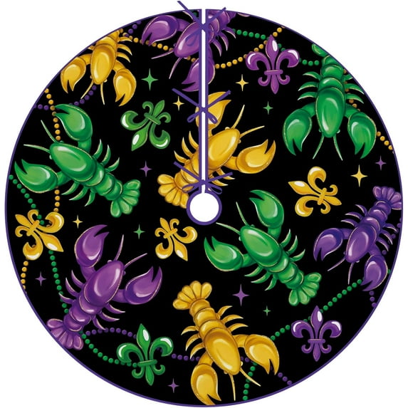 Mardi Gras Crayfish Christmas Tree Skirt, 48 Inches Lace-up Fleur De Lis Beads New Orleans Carnival Tree Skirt, Celebration Holiday Party Indoor Decoration Home Decor