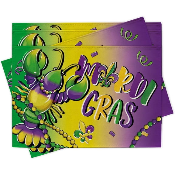 Mardi Gras Crayfish Placemats Set of 4, Gradient Pastel Lobster New Orleans Carnival Dining Place Mats Table Decor, Fleur De Lis Beads Masquerade Home Kitchen Decoration 12 x 18 Inch