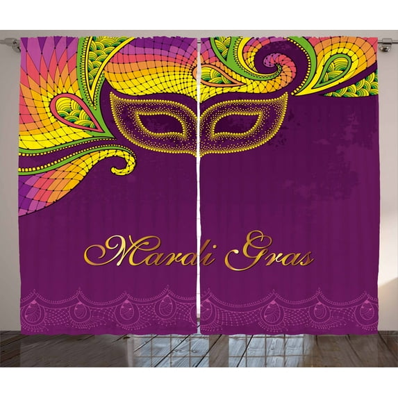 Ambesonne Mardi Gras Curtains 2 Panel Set, Colorful Lace Style, 108" x 90", Purple Yellow Green