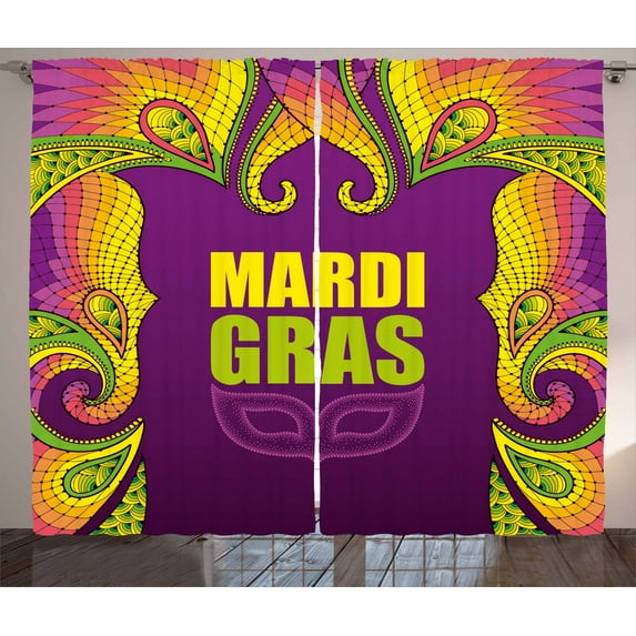 Ambesonne Mardi Gras Curtains 2 Panel Set, Lace Like Colorful, 108" x 84", Purple Lime Green Yellow