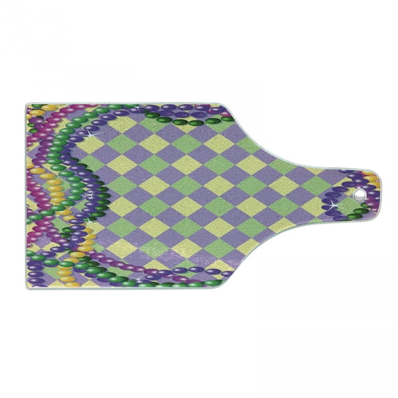 Mardi Gras Cutting Board, Mardi Gras Celebration Beads in Vibrant Graphic Style on Diamond Line Pattern, Tempered Glass Cutting and Serving Board, Wine Bottle Shape, Multicolor, by Ambesonne