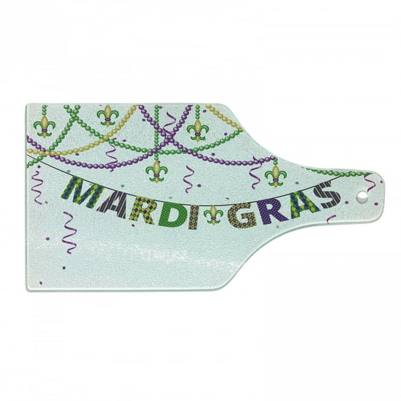 Mardi Gras Cutting Board, Design with Fleur De Lis Hanging from Colorful Beads, Decorative Tempered Glass Cutting and Serving Board, Wine Bottle Shape, Purple Green Yellow, by Ambesonne