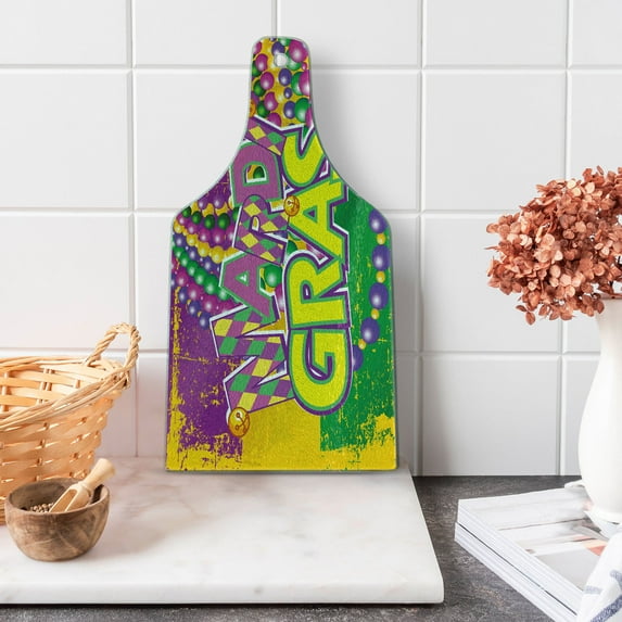 Mardi Gras Cutting Board, Grunge Background with Colors Vivid Beads Vintage Letters Joyful Print, Tempered Glass Cutting and Serving Board, Wine Bottle Shape, Purple Green Yellow, by Ambesonne