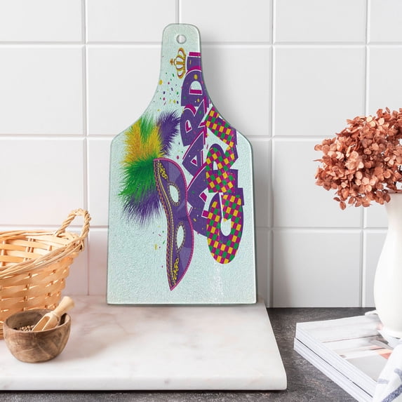Mardi Gras Cutting Board, Traditional Holiday Theme Colorful Fluffy Feathers Crown, Decorative Tempered Glass Cutting and Serving Board, Wine Bottle Shape, Purple Hot Pink Green, by Ambesonne