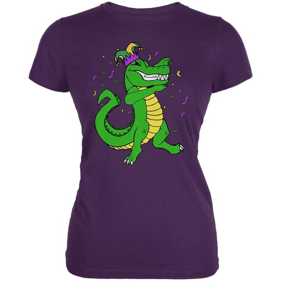 Mardi Gras Dabbing Alligator Jester Juniors Soft T Shirt Purple SM