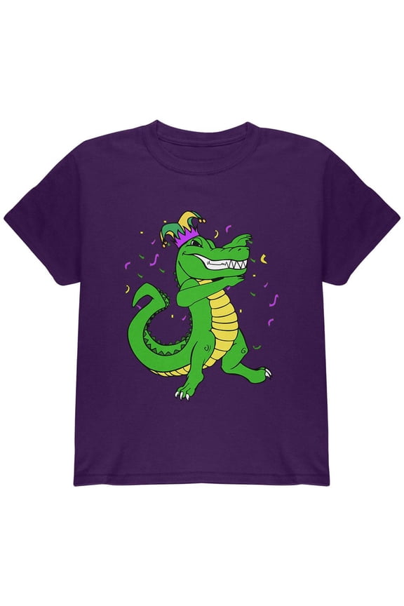 Mardi Gras Dabbing Alligator Jester Youth T Shirt Purple YLG
