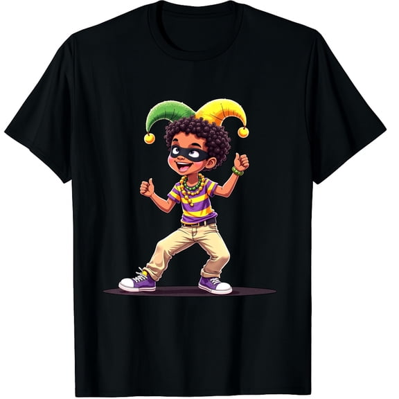 Mardi Gras Dabbing Funn Jester Hat Graphic Black T-Shirt for Men and Women