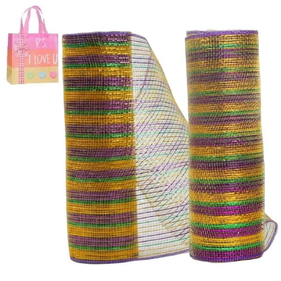 Mardi Gras Deco Mesh, 21 Inch x 10 Yards, Purple Green Gold Glitter Mesh Ribbon, 2 Rolls for Wreaths, Garlands, Party & Event Decorations(XX)