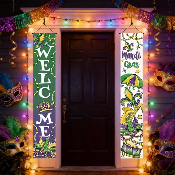 Mardi Gras Decorations - New Orleans Party Holiday Hanging Backdrop Sign Favors Supplies - Masquerade Party Porch Banner | Mardi Gras Decorations for Indoor Outdoor Outside for Home Wall Door