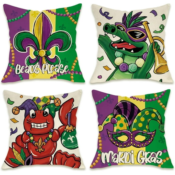 Mardi Gras Decorative Throw Pillow Covers 18 x 18 Set of 4, Crawfish Alligator Mask Fleur De Lis New Orleans Carnival Outdoor Pillowcase, Beads Please Masquerade Cushion Case Home Decor