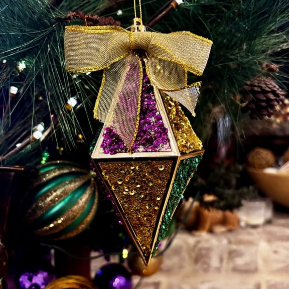 Mardi Gras Diamond with Bow Ornament, with Gold Bow and Purple, Green, and Gold Glittered Sides, New Orleans Decor, Mardi Gras Tree Hanging