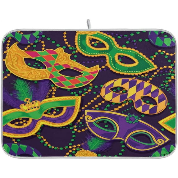 Mardi Gras Dish Drying Mat for Kitchen Mask Beads Confetti Masquerade Party Microfiber Drying Mats Absorbent Reversible Dish Pad Medium Dish Draining Mat 16x18 inch