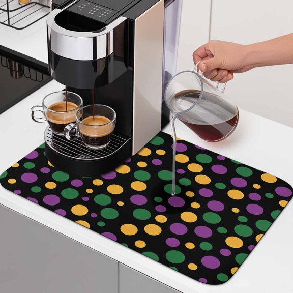 Mardi Gras Dish Drying Mats for Kitchen Counter, Carnival Purple Yellow Green Dots Black Texture Absorbent Coffee Bar Mat with Non-slip Rubber Backed Quick Drying Dish Rack Pad 12"x16"