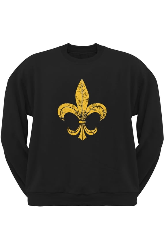 Mardi Gras-Distressed Fleur-de-lis Black Crew Neck Sweatshirt - Medium