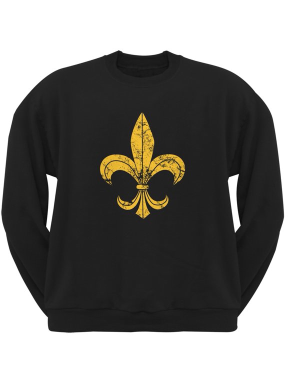 Mardi Gras-Distressed Fleur-de-lis Black Crew Neck Sweatshirt - Small