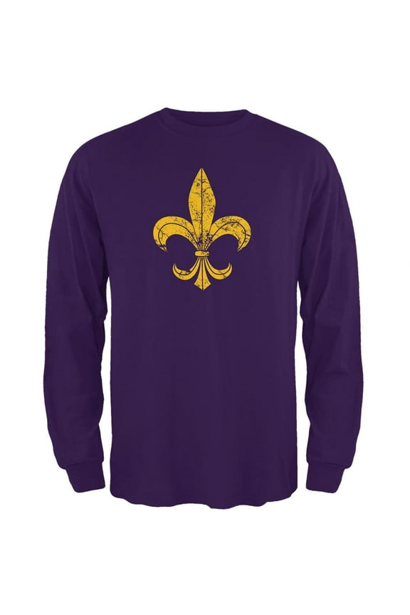 Mardi Gras Distressed Fleur-de-lis Mens Long Sleeve T Shirt Purple MD