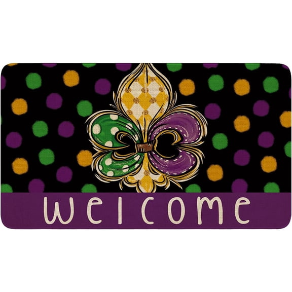 Mardi Gras Door Mat,Green Alligator New Orleans Carnival Masquerade Mask Beads Indoor Outdoor Non-Slip Doormat,Entryway Front Porch Welcome Mat for Entrance Decor 30" x 17"