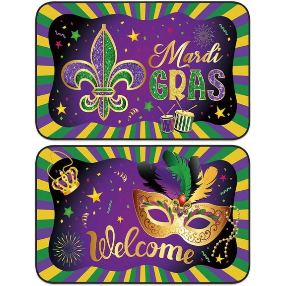 Mardi Gras Doormat, 2 Pcs, Non Slip Entrance Rug, 28 x 16 Inches, Washable Outdoor Rugs, Carnival Seasonal Welcome Mat for Indoor Front Door Kitchen Entryway Decor