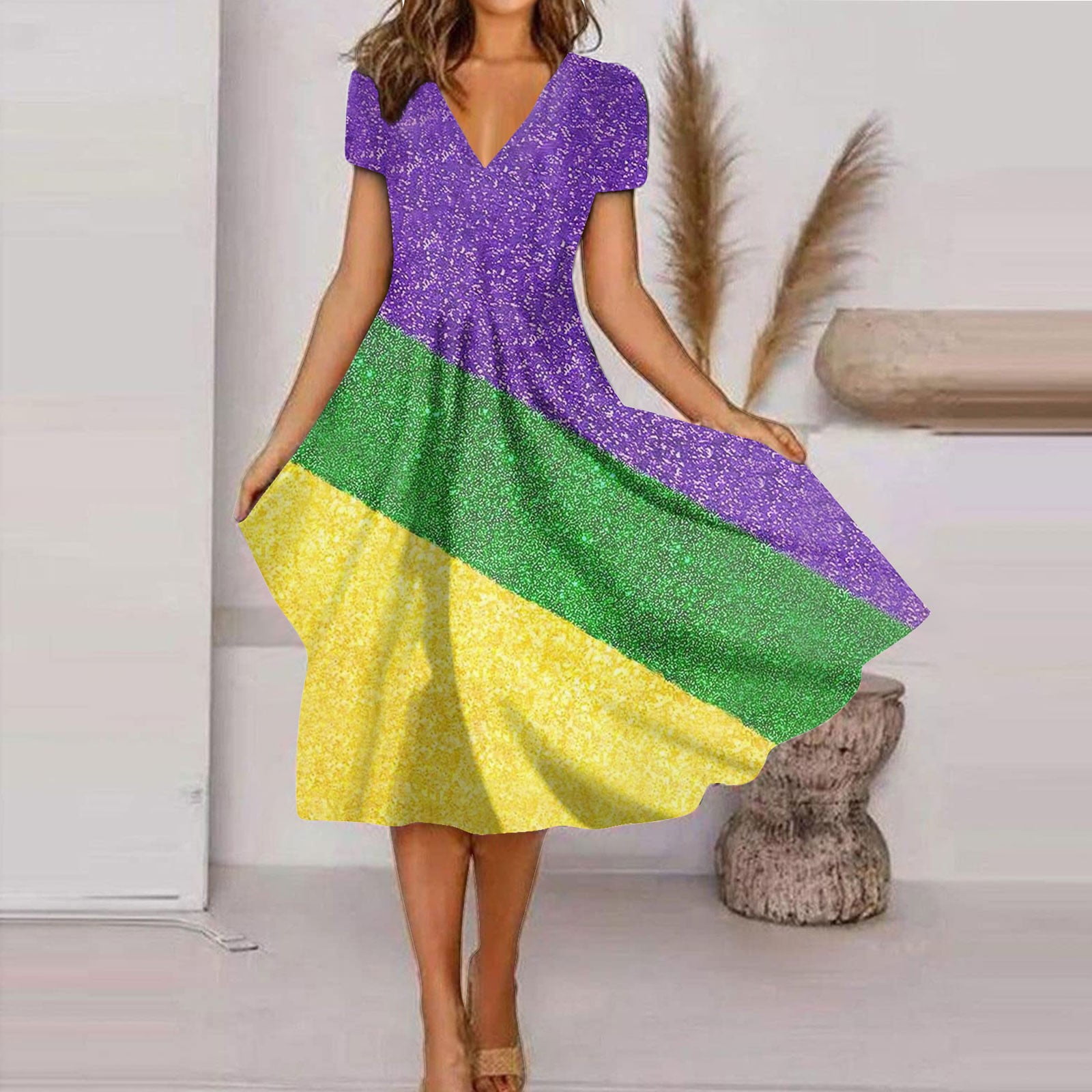 Mardi Gras Dresses Plus Sizes Party V Neck 2024 Mask Glitter Printed