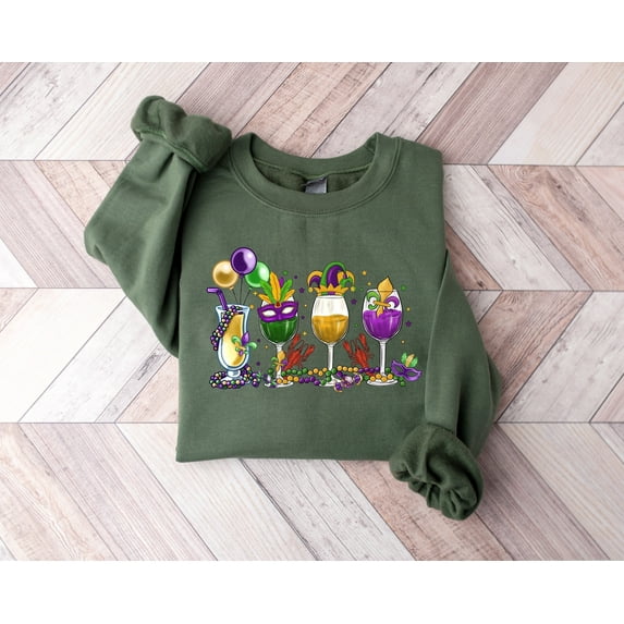 Mardi Gras Drink Shirt, Mardi Gras Drinking Party Sweatshirt, Wine Mardi Gras Beads Shirt , Mardi Gras Carnival,Fat Tuesday Wine Sweatshirt 1653833905
