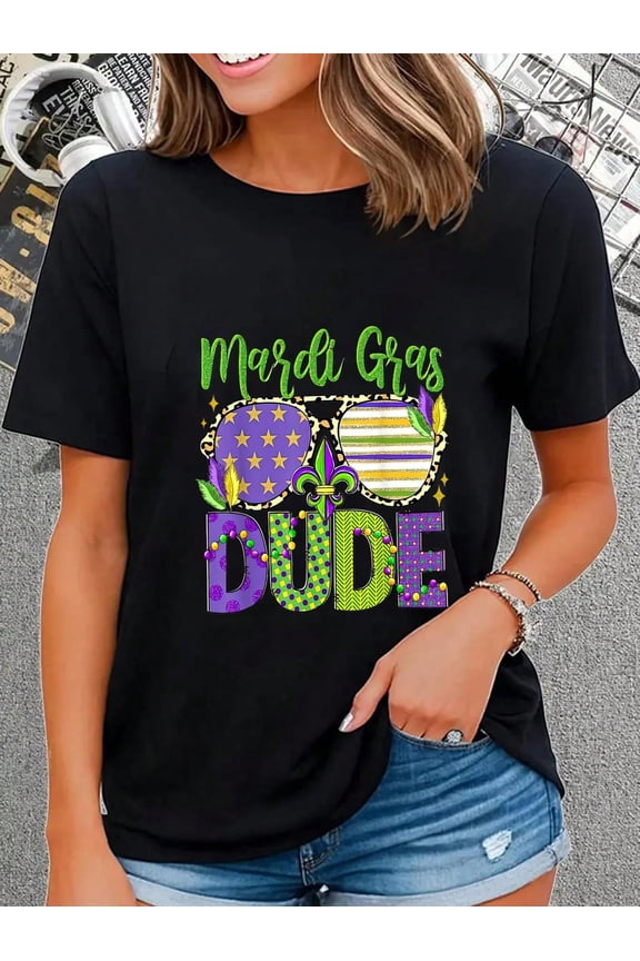 Mardi Gras Dude T-Shirt Festive Carnival Graphic Tee Purple Green Gold Fleur De Lis Sunglasses Design
