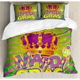 thumbnail image 1 of Mardi Gras Duvet Cover Set, Antique Crown on Vintage Radial Backdrop Letters with Checkered Pattern, Decorative 3 Piece Bedding Set with 2 Pillow Shams, King Size, Purple Orange Green, by Ambesonne, 1 of 3