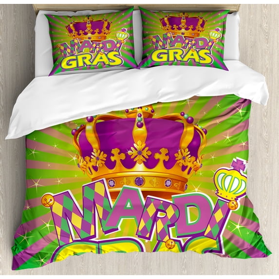 Mardi Gras Duvet Cover Set, Antique Crown on Vintage Radial Backdrop Letters with Checkered Pattern, Decorative 3 Piece Bedding Set with 2 Pillow Shams, Queen Size, Purple Orange Green, by Ambesonne