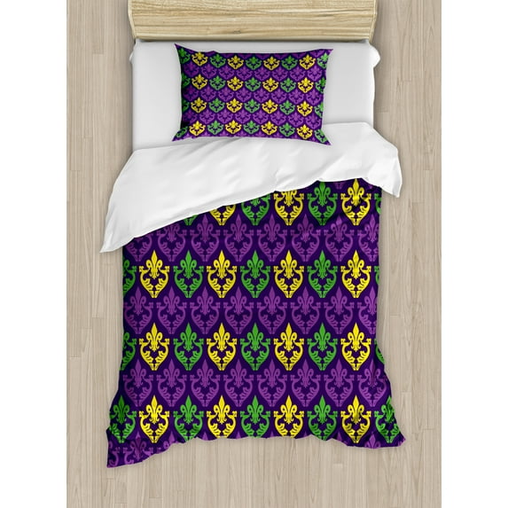 Mardi Gras Duvet Cover Set, Antique Old Fashioned Motifs in Mardi Gras Holiday Colors Tile Pattern, Decorative 2 Piece Bedding Set with 1 Pillow Shams, Twin Size, Purple Green Yellow, by Ambesonne