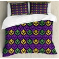 thumbnail image 1 of Mardi Gras Duvet Cover Set, Antique Old Fashioned Motifs in Mardi Gras Holiday Colors Tile Pattern, Decorative 3 Piece Bedding Set with 2 Pillow Shams, Queen Size, Purple Green Yellow, by Ambesonne, 1 of 3