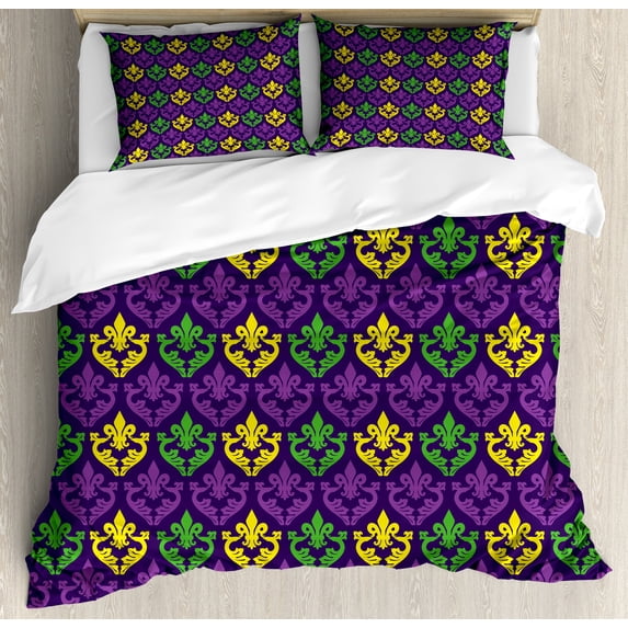 Mardi Gras Duvet Cover Set, Antique Old Fashioned Motifs in Mardi Gras Holiday Colors Tile Pattern, Decorative 3 Piece Bedding Set with 2 Pillow Shams, Queen Size, Purple Green Yellow, by Ambesonne