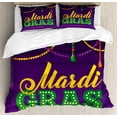 thumbnail image 1 of Mardi Gras Duvet Cover Set, Beads and Tassels Masquerade Theme Calligraphy Design Fun Print, Decorative 3 Piece Bedding Set with 2 Pillow Shams, King Size, Fern Green Marigold, by Ambesonne, 1 of 3