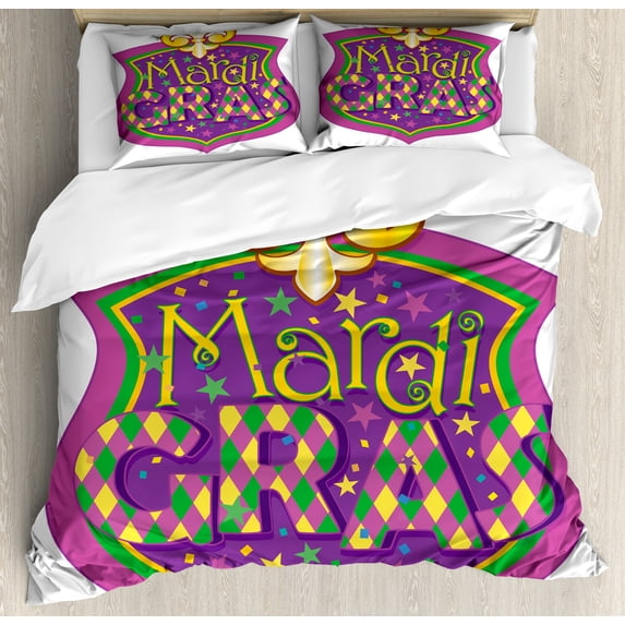 Mardi Gras Duvet Cover Set, Blazon Design Mardi Gras Inscription and Fleur de Lis, Decorative 3 Piece Bedding Set with 2 Pillow Shams, Queen Size, Purple Yellow Green, by Ambesonne