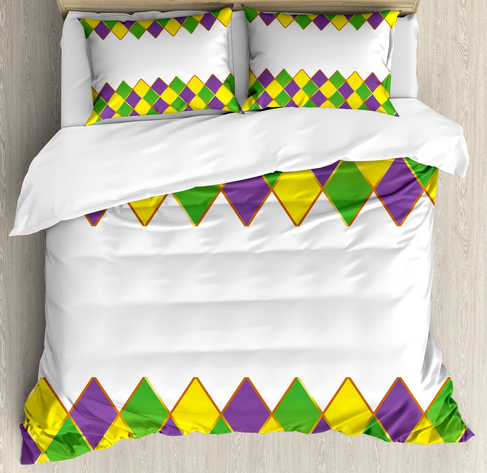 Mardi Gras Duvet Cover Set, Carnival Colored Grid Design Diamond Line